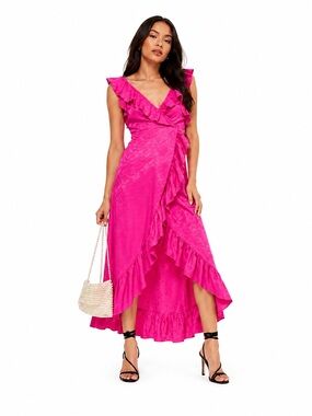 Topshop Pink Jacquard Wrap Midi Dress Ruffle Hi Lo Size 4 NWOT